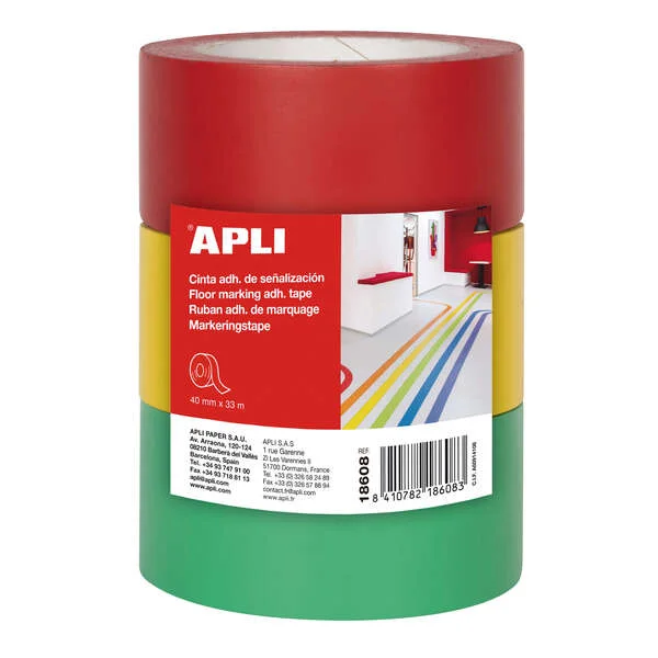Apli Cinta de Señalizacion Adhesiva PVC 40x33mm 160Μm - Desbobinado Silencioso - Adhesivo Solvente de Caucho Natural - Resistente a Rayos UV