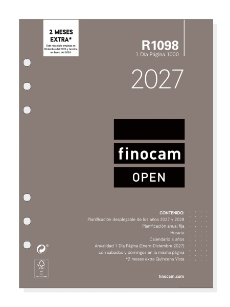 Finocam R1098 Recambio para Agenda Open - Anual 2027 - 1 Dia por Pagina - Formato 1000 - 155x215mm - 6 Taladros - Papel de 70g/m2 - Color Blanco