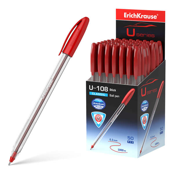 Erichkrause U-108 Boligrafo Clasico - Punta de Bola 1.0mm - Trazo de 0.3mm - Tapa Ventilada - Ultra Glide Technology - Color Rojo · Pack de 50 uds.