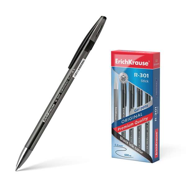 Erichkrause R-301 Original Boligrafo de Tinta de Gel - Punta 0.5mm - Trazo 0.4mm - Cuerpo Translucido Tintado - Grip Perfilado Comodo - Secado Rapido - Color Negro · Pack de 12 uds.