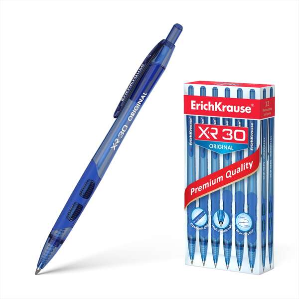Erichkrause Boligrafo Automatico Xr-30 - Cuerpo Translucido Redondo - Zona de Agarre Ergonomica - Punta de 5 Canales - Tinta de Secado Rapido - Color Azul · Pack de 12 uds.