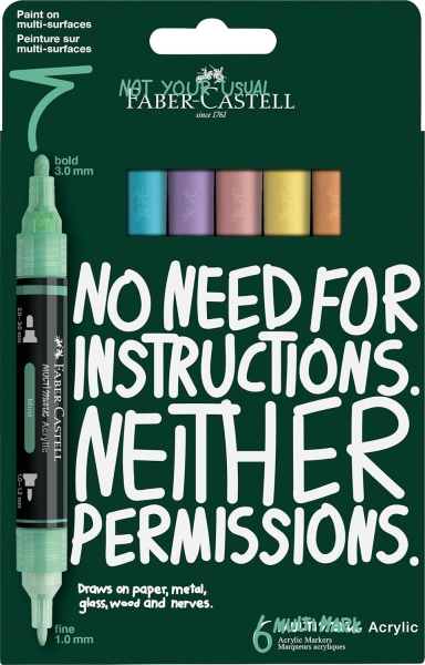 Faber-Castell Multimark Acrylic Pack con 6 Rotuladores Acrilicos Doble Punta - Puntas Redondas de 1mm y 3mm - Tinta Acrilica a Base de Agua - Colores Pastel Surtidos