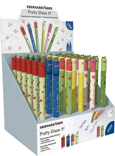 Eberhard Faber Fruity Erase It! Expositor con 36 Boligrafos Borrables - Trazo 0.7mm - Capuchon con Formas de Frutas - Tacto Soft - Tinta de Color Azul
