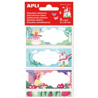 Apli Etiquetas Adhesivas Escolares Princesas - Tamaño 81x36mm - 9 Etiquetas en 3 Hojas - Adhesivo Permanente de Alta Calidad - Diseño Princesas - Color Variado · Pack de 5 uds.