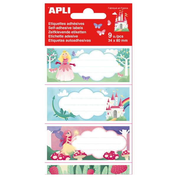 Apli Etiquetas Adhesivas Escolares Princesas - Tamaño 81x36mm - 9 Etiquetas en 3 Hojas - Adhesivo Permanente de Alta Calidad - Diseño Princesas - Color Variado · Pack de 5 uds.