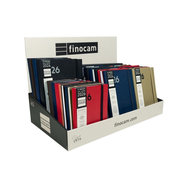 Finocam Dynamic Mara Expositor con 37 Agendas Surtidas en Catalan - Anual 2026 - Tapa Blanda - Cierre con Goma Elastica - Color Surtidos