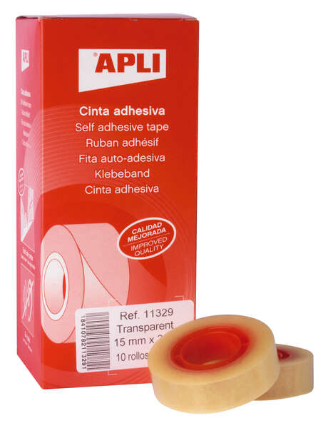 Apli Cinta Adhesiva Transparente 15mm x 33m - Resistente al Agua y a la Intemperie - Facil de Cortar con las Manos - Ideal para Manualidades y Embalaje Transparente · Pack de 10 uds.