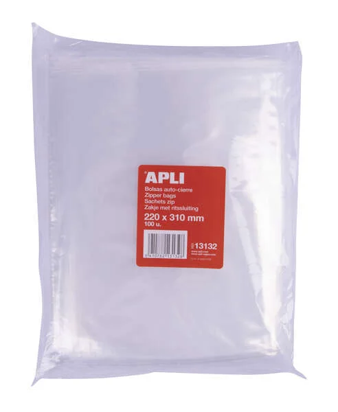 Apli Pack de 100 Bolsas Zip Auto Cierre Transparentes 220x310mm - Material LDPE - Cierre Seguro y Facil Manipulacion - Aptas para Uso Alimenticio