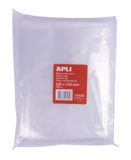 Apli Pack de 100 Bolsas Zip Auto Cierre Transparentes 220x310mm - Material LDPE - Cierre Seguro y Facil Manipulacion - Aptas para Uso Alimenticio