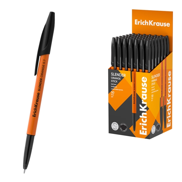 ErichKrause Slender Stick Orange Boligrafo con Capuchon - Punta de Aguja 0.7mm - Cuerpo Opaco Naranja - Trazo 0.26mm - Tinta de Baja Viscosidad - Tapa Ventilada - Color Negro · Pack de 50 uds.
