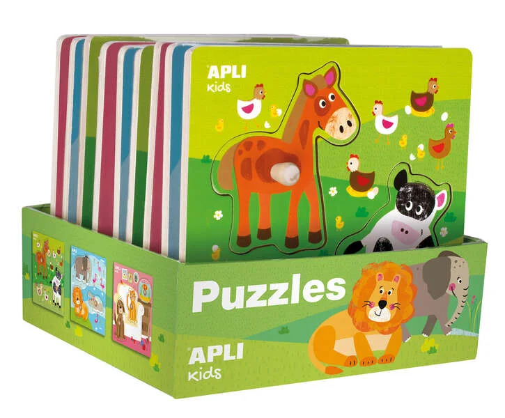 Apli Expositor de Puzles de Madera Encajables Tematica Infantil Animales - 20x20 cm - 9 Puzles con Guia Impresa - Alto Valor Didactico - Exclusiva Ilustracion Liza Lewis - Color Natural