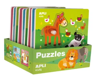 Apli Expositor de Puzles de Madera Encajables Tematica Infantil Animales - 20x20 cm - 9 Puzles con Guia Impresa - Alto Valor Didactico - Exclusiva Ilustracion Liza Lewis - Color Natural