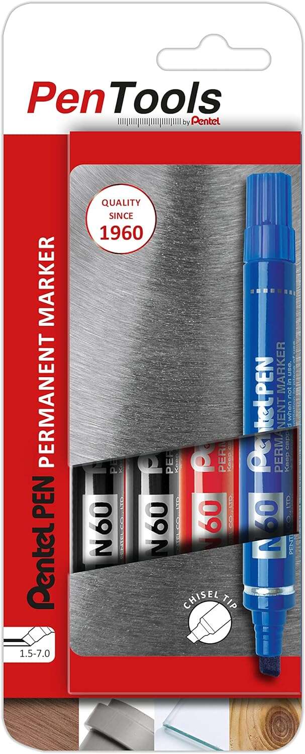 Pentel PenTools Pack de 4 Rotuladores Permanentes Industriales Pentel Pen N60 - Punta Biselada Resistente y Duradera - Trazo 1,5-7mm - Resistente a Agua y Luz - Colores 2x Negro, Azul, y Roj