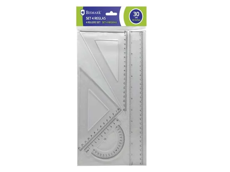 Bismark Quality Pack de 4 Reglas para Dibujo - Incluye Regla 30cm, Escuadra 13cm, Cartabon 18cm y Transportador 10cm - Graduados y Biselados - Ideal para el Colegio - Transparentes