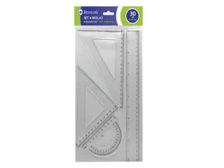 Bismark Quality Pack de 4 Reglas para Dibujo - Incluye Regla 30cm, Escuadra 13cm, Cartabon 18cm y Transportador 10cm - Graduados y Biselados - Ideal para el Colegio - Transparentes