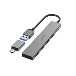 Hama Prime Hub USB 3.2 - Cable USB-A Integrado de 15cm - USB-A Hembra x4 - Adaptador USB-A a USB-C - 10.7x2.1x0.7cm - Color Gris