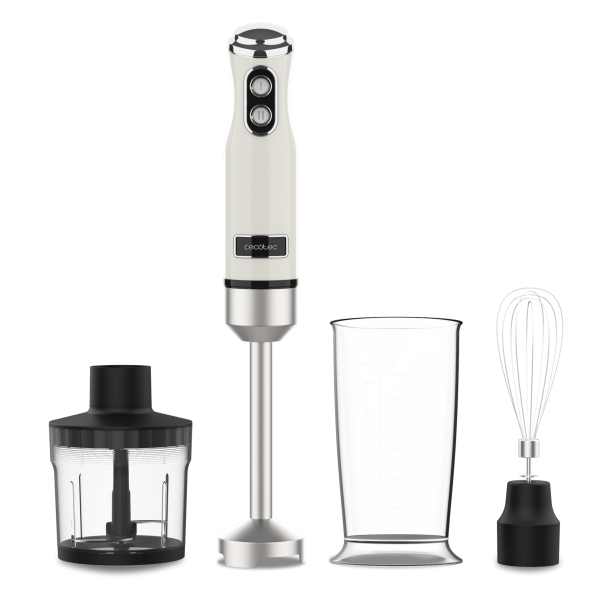 Cecotec Power RetroBeige 1200Max Cream and Crush Batidora de Mano - 1200W - Vaso de 0.5L - Accesorios Multifuncion - Campana Antisalpicadura - 4 Hojas Recubiertas de Titanio - Color Beige