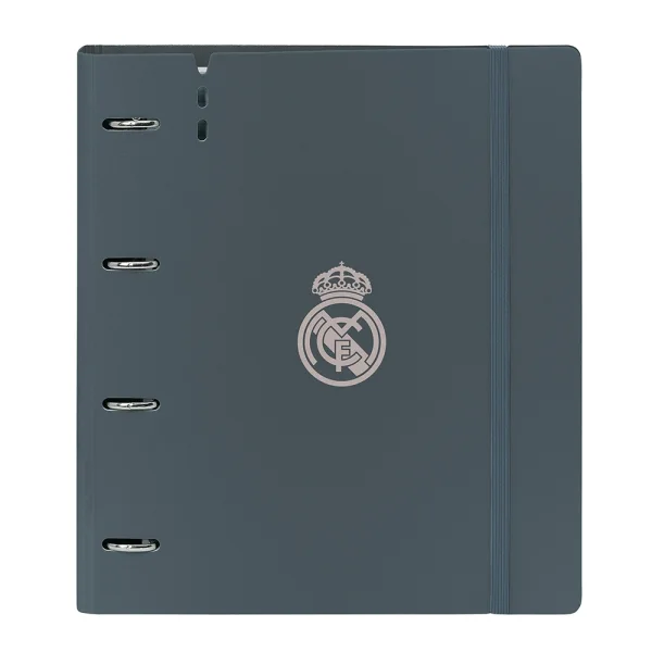 Safta Real Madrid 3ª Equipacion 24/25 Carpeta con 4 Anillas 35mm - Tapas de PP Foam - Recambio 100 Hojas - Cierre Elastico - Separadores Internos - 270x40x320mm - Color Gris