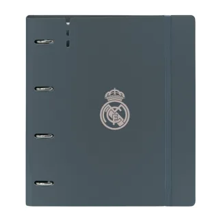 Safta Real Madrid 3ª Equipacion 24/25 Carpeta con 4 Anillas 35mm - Tapas de PP Foam - Recambio 100 Hojas - Cierre Elastico - Separadores Internos - 270x40x320mm - Color Gris