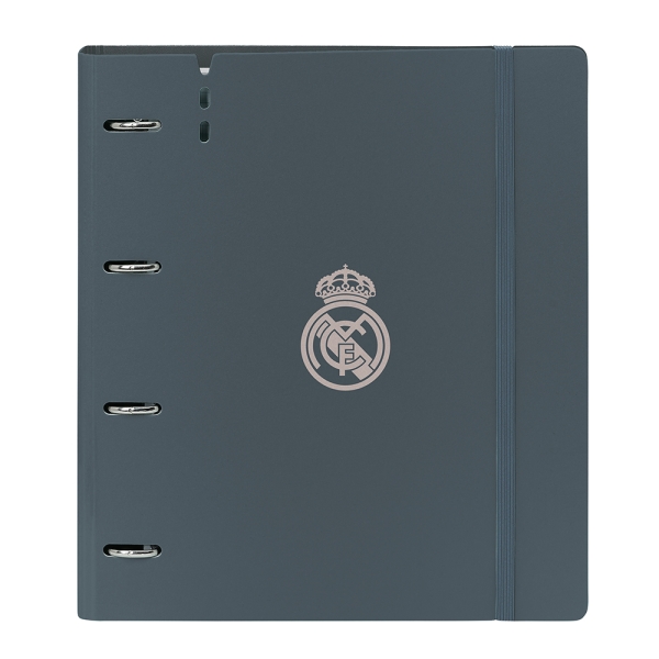 Safta Real Madrid 3ª Equipacion 24/25 Carpeta con 4 Anillas 35mm - Tapas de PP Foam - Recambio 100 Hojas - Cierre Elastico - Separadores Internos - 270x40x320mm - Color Gris