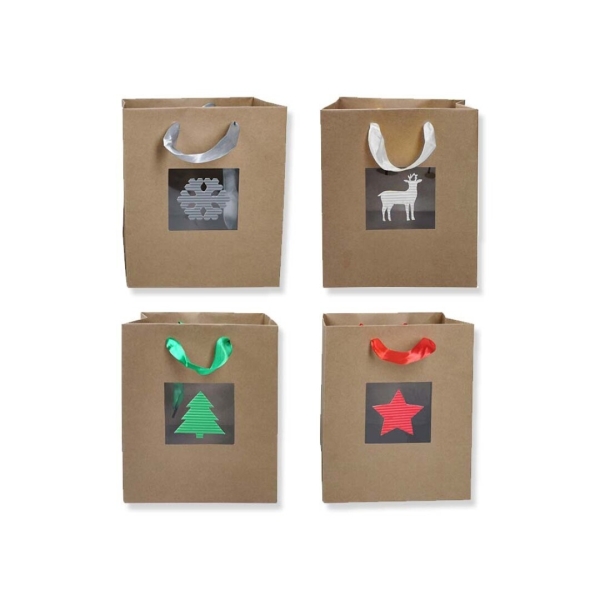 Bismark Bolsa de Papel Kraft Navidad Grande con Ventana - Medidas 23x33x10cm - 4 Diseños Diferentes · Pack de 12 uds.