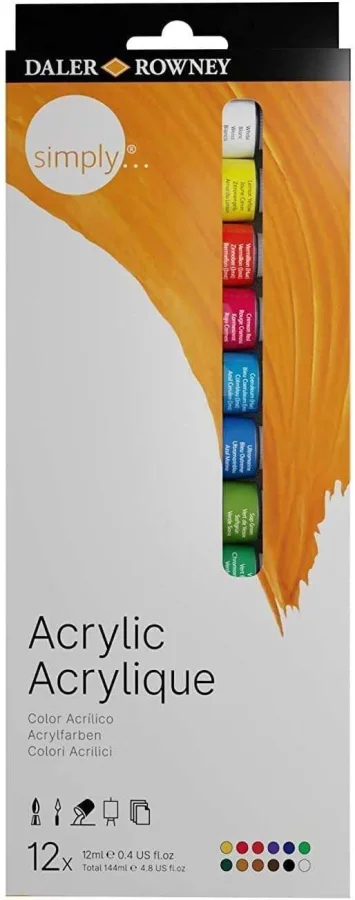 Daler Rowney Simply Pack de 12 Pinturas Acrilicas 12ml - Secado Rapido - Optima Cobertura - Mezclables - Colores Surtidos
