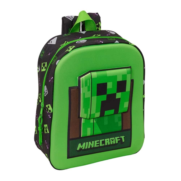 Safta Minecraft Mochila Guarderia 3D - 6L - Cremallera - Asa de Mano - 22x27x10cm - Color Verde y Negro