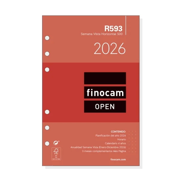 Finocam R593 Recambio Anual 2026 para Agendas Open 2026 - Formato 500 - 117x6x181mm - Semana Vista Horizontal - Color Blanco