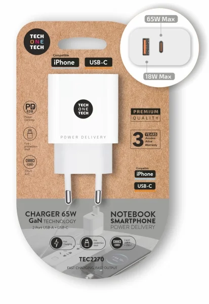 TechOneTech Cargador de Pared PD 65W con 1 Puerto USB-C + 1 Puerto USB-A