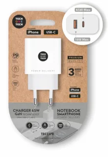 TechOneTech Cargador de Pared PD 65W con 1 Puerto USB-C + 1 Puerto USB-A