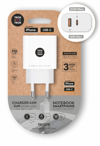TechOneTech Cargador de Pared PD 65W con 1 Puerto USB-C + 1 Puerto USB-A