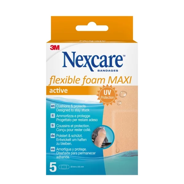 Nexcare Flexible Foam Maxi Active Pack de 5 Apositos para Heridas - 50x101mm - Flexibles - Transpirable - Resistente al Agua - Color Piel