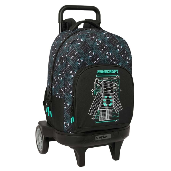 Safta Minecraft Screen Mochila con Carro - Extraible - 33L - Portabotellas - Tarjeta de Identificacion Personal - Ruedas Antivibracion - Asa de Mano - Bolsillo Frontal - 33x45x22cm - Color Negro