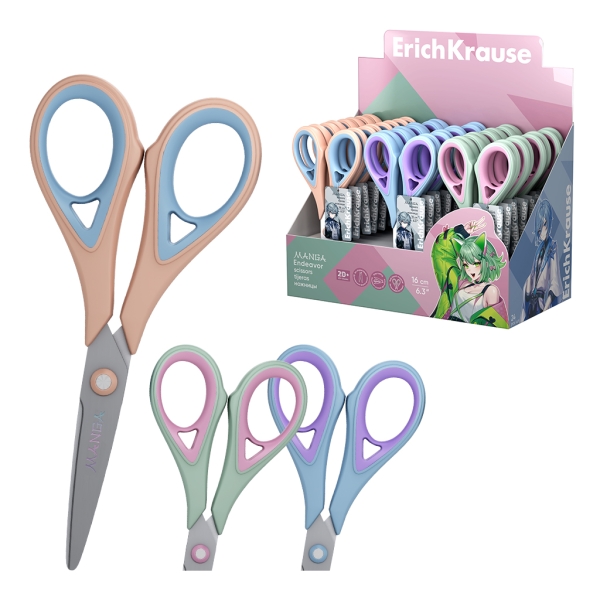 ErichKrause Endeavor Manga Expositor con 24 Tijeras de 16cm - Mangos de Plastico y Goma Antideslizante - Cuchillas en Forma de Arco - Ergonomicas - Acero Inoxidable - Colores Surtidos
