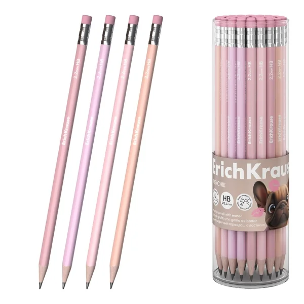 ErichKrause Frenchie Lapiz de Grafito con Goma de Borrar - Mina HB - Cuerpo Triangular - Agarre Ergonomico - Colores Surtidos · Pack de 42 uds.