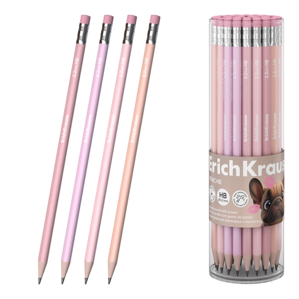 ErichKrause Frenchie Lapiz de Grafito con Goma de Borrar - Mina HB - Cuerpo Triangular - Agarre Ergonomico - Colores Surtidos · Pack de 42 uds.