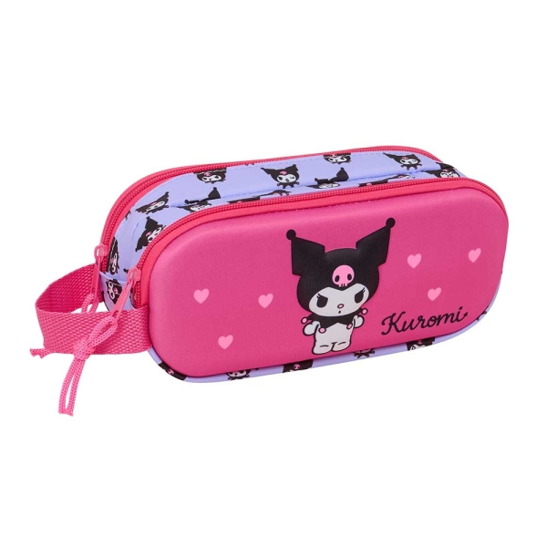 Safta Kuromi Portatodo 3D - 2 Compartimentos con Cremallera - Asa Lateral - Capacidad 1L - 21x8x6cm - Color Magenta