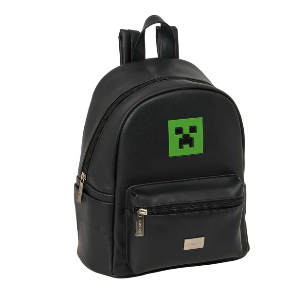 Safta Minecraft Mini Mochila - Bolsillo Frontal y Lateral - Cremallera - Hombreras Ajustables - Asa Superior - Compacta y Ligera - Ideal para Uso Diario - 24x28x12cm - Color Negro y Verde