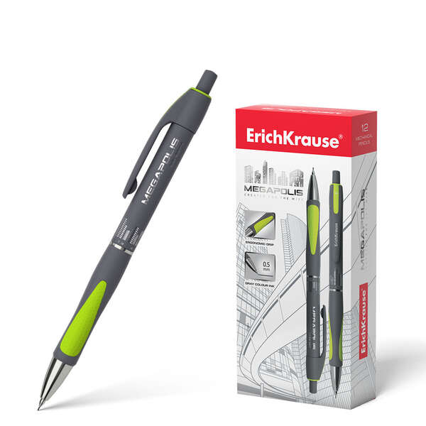 Erichkrause Megapolis Concept Portaminas 0.5mm HB - Cuerpo Redondo con Clip - Zona de Agarre Ergonomica - Para Minas de 0.5mm - Color Gris/Verde Neon · Pack de 12 uds.