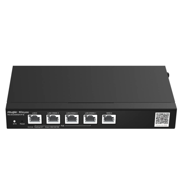 Ruijie RG-EG305GH-P-E Router de Sobremesa - 5 Puertos - 4x PoE+ 60W - Velocidad hasta 1.5Gbps - Capacidad hasta 300 Usuarios - Gestion en la Nube - Color Negro