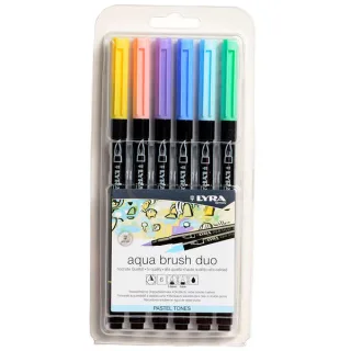 Lyra Aqua Brush Duo Pastel Tones Pack 6 Rotuladores de Doble Punta - Punta Pincel 4mm, Punta Fina 2mm - Tinta Base de Agua - Colores Tonos Pastel