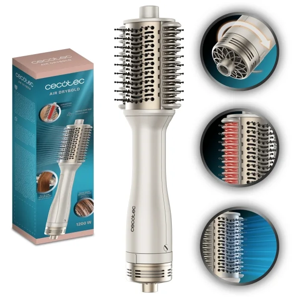 Cecotec Air DryBold Cepillo de Aire - 1200W - Placas Calefactoras - Temperatura Regulable - Revestimiento Ceramico - Generador de Iones - Multifuncion - Punta Fria - Color Blanco