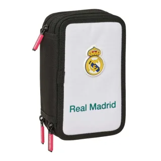 Safta Real Madrid Equipacion 26/27 Plumier de 3 Pisos - 37 Piezas - Goma - Lapiz - 2 Boligrafos - Sacapuntas - 2 Reglas - 16 Colores - 14 Rotuladores - 12.5x19.5x5.5cm - Color Blanco y Negro