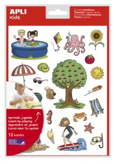 Apli Gomets Tematicos el Verano - 12 Hojas (288 Gomets) - Adhesivo Removible - Ilustraciones Educativas - Normas EN-71 y FSC - Adhesivo Base Agua - Libre de Disolventes - Papeles ECF - 100%