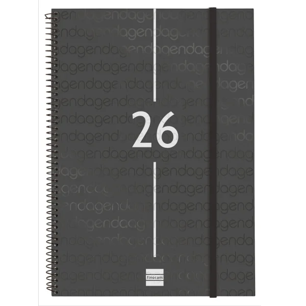 Finocam Year Agenda de Espiral en Catalan - Anual 2026 - Tapa Ligera - Formato E40 - 217x14x297mm - Semana Vista Horizontal - Color Negro