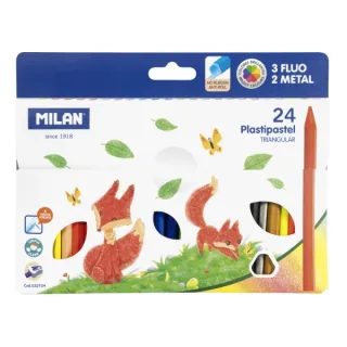 Milan Plastipastel Pack de 24 Ceras de Colores Triangulares - Contiene 3 Ceras Fluo y 2 Metal - Colores Surtidos