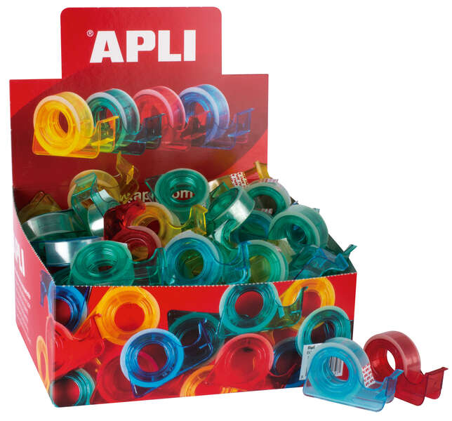 Apli Expositor con 60 Porta Cintas School con Cinta Adhesiva Incluida - 15mm x 10m - Facil de Usar y Transportar - Ideal para Estudiantes y Oficinas - Colores del Porta Cintas Surtidos