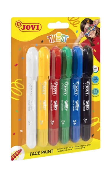 Jovi Twist Pack de 6 Stick Pintura de Cara - Base Agua - Gran Cobertura - Seca Rapido - Facil de Retirar - Hipoalergenico - Colores Surtidos