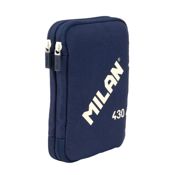 Milan Coleccion 430 Plumier de 2 Pisos con 2 Gomas de Borrar, Sacapuntas, Lapiz, Boligrafo P1 Touch Azul, Regla, 12 Lapices de Colores y 18 Rotuladores - Color Azul