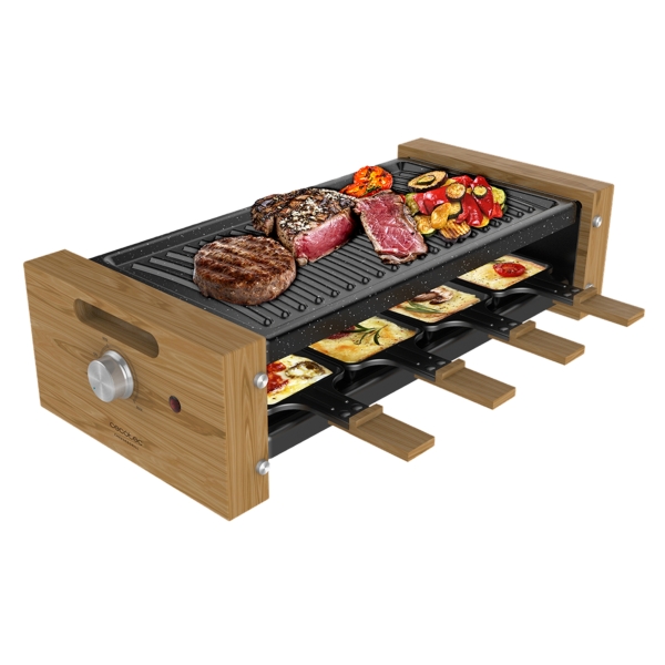 Cecotec Cheese and Grill 8200 Wood Black Raclette - 1200W - 8 Sartenes Antiadherentes - Placa Antiadherente de Acero - Superficie de Grill - Termostato Regulable - Extraible - Color Madera C